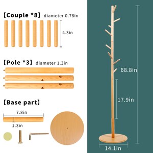 Puede incluir: Perchero de madera con dise&ntilde;o de rama de &aacute;rbol. El perchero tiene ocho ganchos, tres postes y una base redonda. El perchero mide 174,7 cm de alto, 45,5 cm de ancho y 35,8 cm de di&aacute;metro en la base.