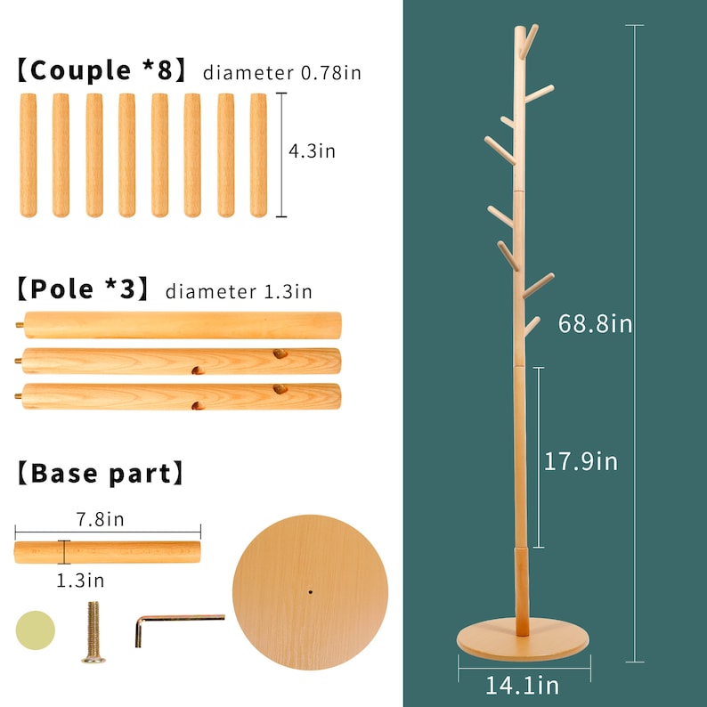 Puede incluir: Perchero de madera con dise&ntilde;o de rama de &aacute;rbol. El perchero tiene ocho ganchos, tres postes y una base redonda. El perchero mide 174,7 cm de alto, 45,5 cm de ancho y 35,8 cm de di&aacute;metro en la base.