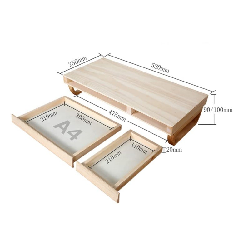 May include: A wooden shelf unit with two drawers. The shelf is 520mm long, 250mm wide, and 90mm high. The drawers are 210mm wide and 300mm long. The shelf has a label that says "A4".