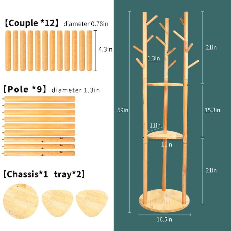 Puede incluir: Un perchero de madera con dos estantes y un perchero con m&uacute;ltiples ganchos. El perchero mide 150 cm de alto y tiene un di&aacute;metro de 42 cm. Los estantes tienen un di&aacute;metro de 28 cm. El perchero est&aacute; hecho de madera natural y tiene un aspecto r&uacute;stico.