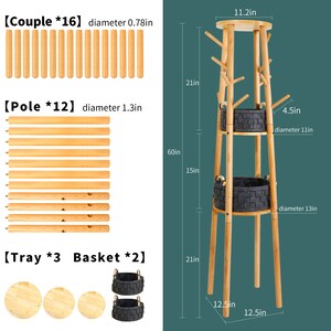 Puede incluir: Un perchero de madera con dos cestas de almacenamiento. El perchero tiene 152,4 cm de alto y un estante superior con un di&aacute;metro de 28,4 cm. Las cestas tienen 11,4 cm de alto y di&aacute;metros de 27,9 cm y 33 cm. El perchero tambi&eacute;n incluye 16 peque&ntilde;as clavijas de madera y 12 clavijas de madera m&aacute;s grandes.