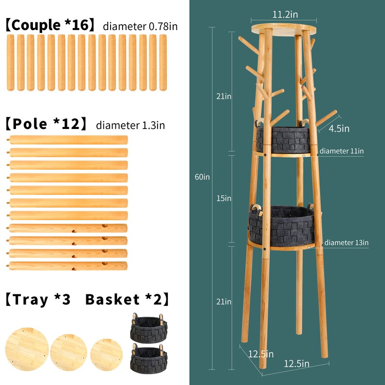 Puede incluir: Un perchero de madera con dos cestas de almacenamiento. El perchero tiene 152,4 cm de alto y un estante superior con un di&aacute;metro de 28,4 cm. Las cestas tienen 11,4 cm de alto y di&aacute;metros de 27,9 cm y 33 cm. El perchero tambi&eacute;n incluye 16 peque&ntilde;as clavijas de madera y 12 clavijas de madera m&aacute;s grandes.