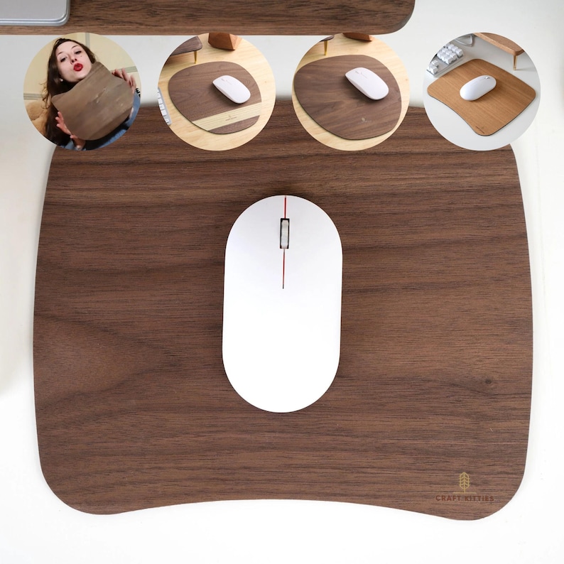 May include: A brown wooden mouse pad with a white wireless mouse on top. The mouse pad has a slightly curved edge and the text "CRAFTINITIAS" is printed in the bottom right corner.