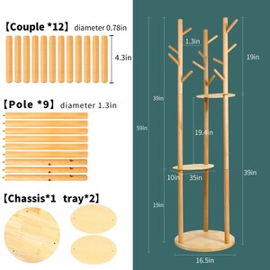 Puede incluir: Un perchero de madera con acabado natural. Cuenta con una base redonda, dos estantes y un dise&ntilde;o de &aacute;rbol con m&uacute;ltiples ramas para colgar la ropa. El perchero mide 150 cm de alto y 42 cm de ancho.