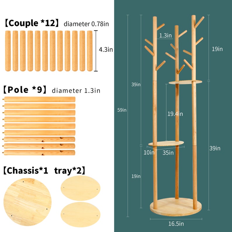 Puede incluir: Un perchero de madera con acabado natural. Cuenta con una base redonda, dos estantes y un dise&ntilde;o de &aacute;rbol con m&uacute;ltiples ramas para colgar la ropa. El perchero mide 150 cm de alto y 42 cm de ancho.