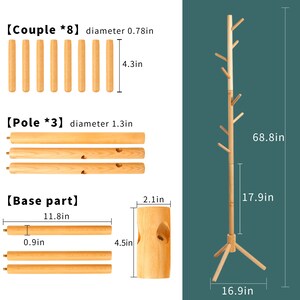 Puede incluir: Un perchero de madera con un dise&ntilde;o de &aacute;rbol. El perchero tiene una base con tres patas y un tronco alto y ramificado con m&uacute;ltiples ganchos. El perchero mide 174,8 cm de alto, 45,5 cm de ancho y 42,9 cm de profundidad.