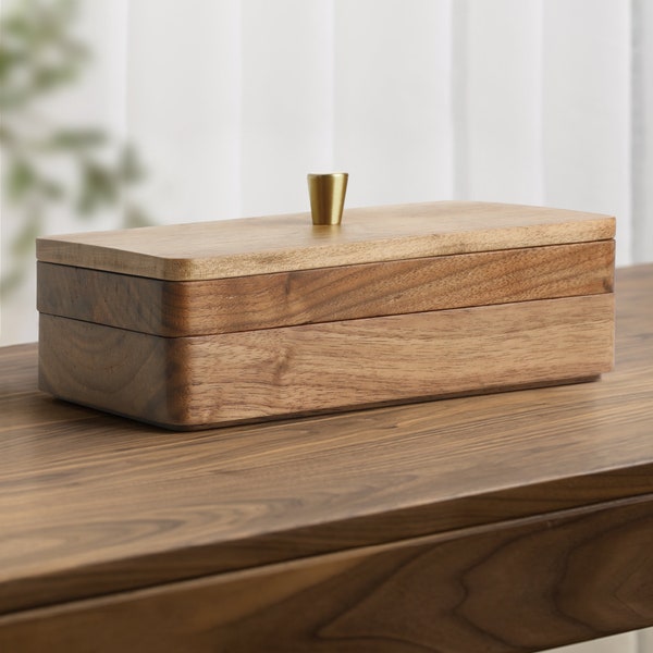 Black Walnut Solid Wood Storage Box - Small Wooden Box with Lid and Jewelery Compartments