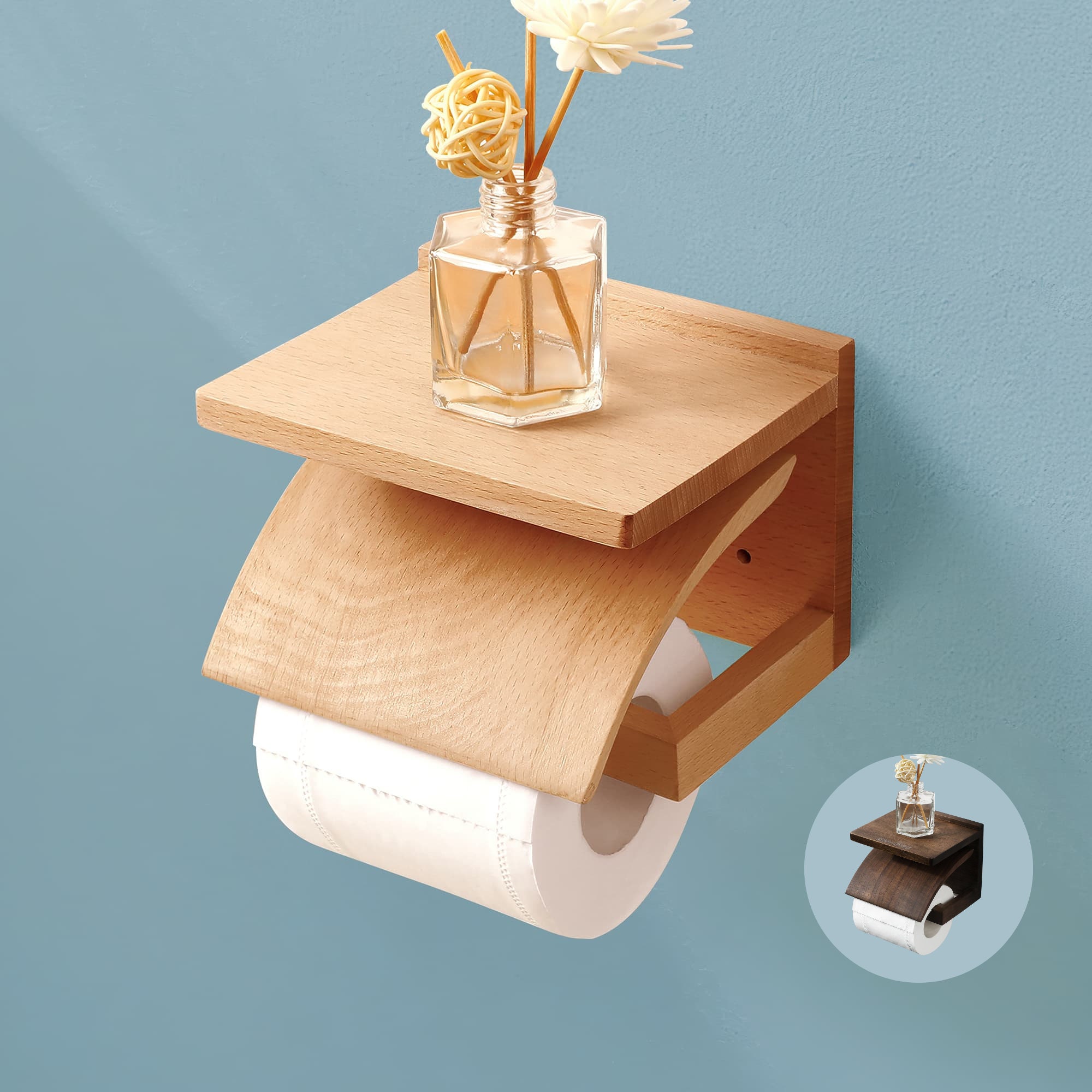 Toilet Paper Holder Wall Mount, Wood TP Floating Storage Shelf for Tissue,  Hanging Wooden Honeycomb Restroom Loo Roll Rack 