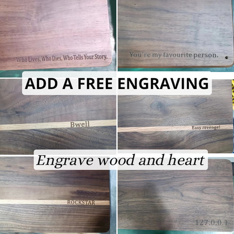 Pu&ograve; includere: Quattro taglieri in legno con diverse incisioni. Il testo sui taglieri recita: "Who Lives, Who Dies, Who Tells Your Story.", "You're my favourite person.", "Bwell" e "Easy revenge!" I taglieri hanno una venatura di legno marrone chiaro con una striscia marrone scuro che attraversa il centro.