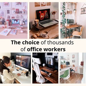 Pu&ograve; includere: Un collage di immagini che mostrano diverse configurazioni di uffici domestici. Le immagini presentano varie scrivanie, sedie, computer e decorazioni. Il testo "The choice of thousands of office workers" &egrave; visualizzato al centro del collage.