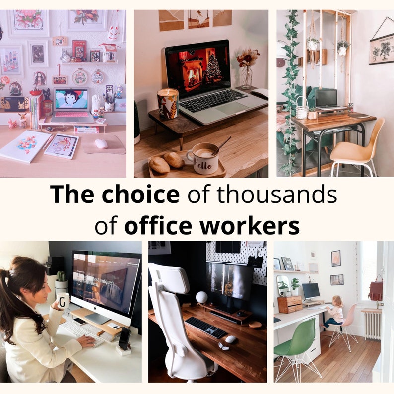 Pu&ograve; includere: Un collage di immagini che mostrano diverse configurazioni di uffici domestici. Le immagini presentano varie scrivanie, sedie, computer e decorazioni. Il testo "The choice of thousands of office workers" &egrave; visualizzato al centro del collage.