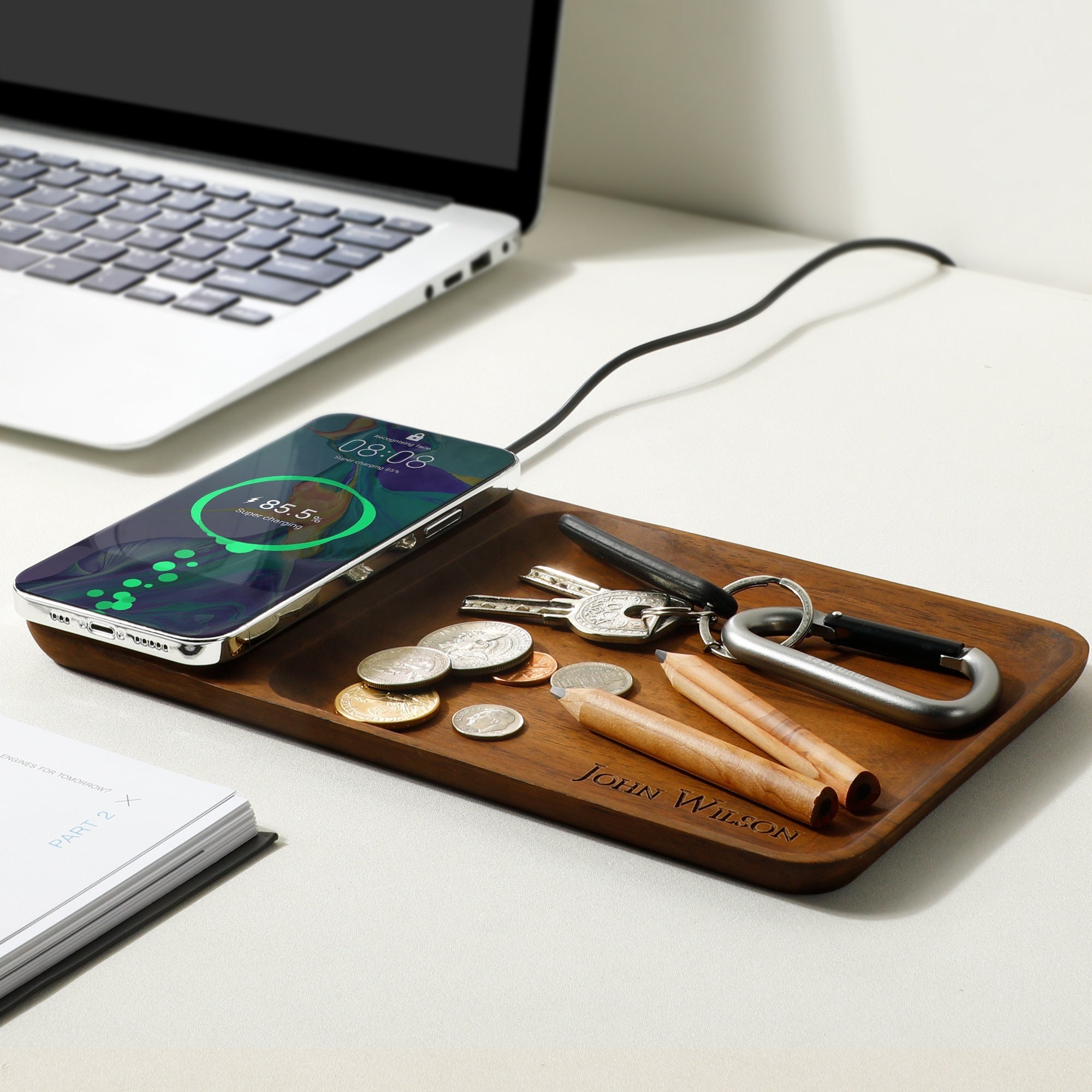 Support moniteur USB avec chargeur à induction - bois et métal