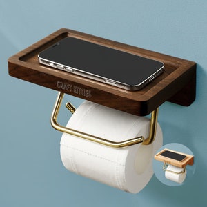 Wooden toilet paper holder - Solid wood toilet paper holder with macramé style phone holder - Easy storage wall shelf 20x12x11cm