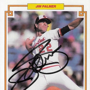 Jim Palmer, Hall da Fama, assinou o cartão Donruss Champion #35 de 1984, 3,5x5