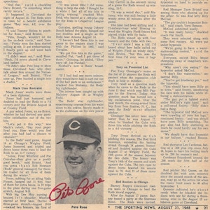 Pete Rose, firmado, 9,5 x 8, recorte original de noticias deportivas, 1968