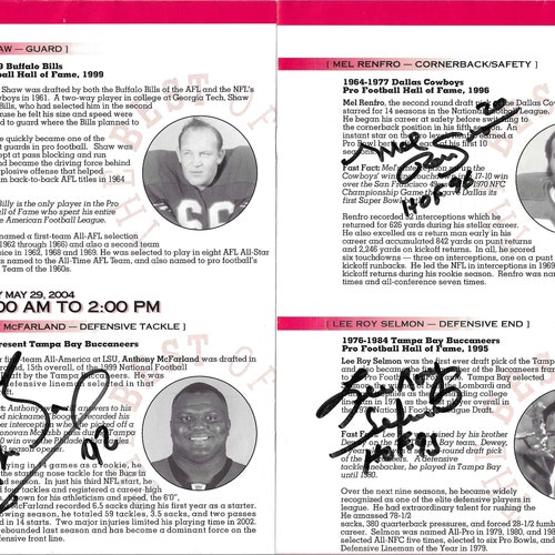 Mel Renfro, Lee Roy Selmon, Anthony McFarland, Signed  Hall of Fame  Booklet 