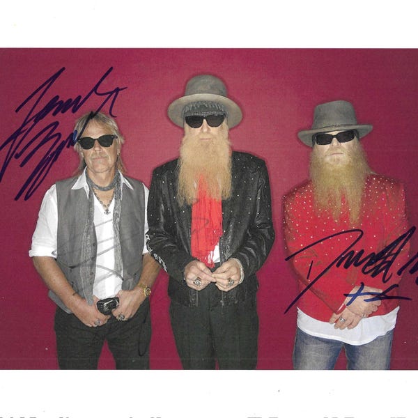 Fotografía autografiada de la banda ZZ Top, tamaño 8.5 x 11 pulgadas.