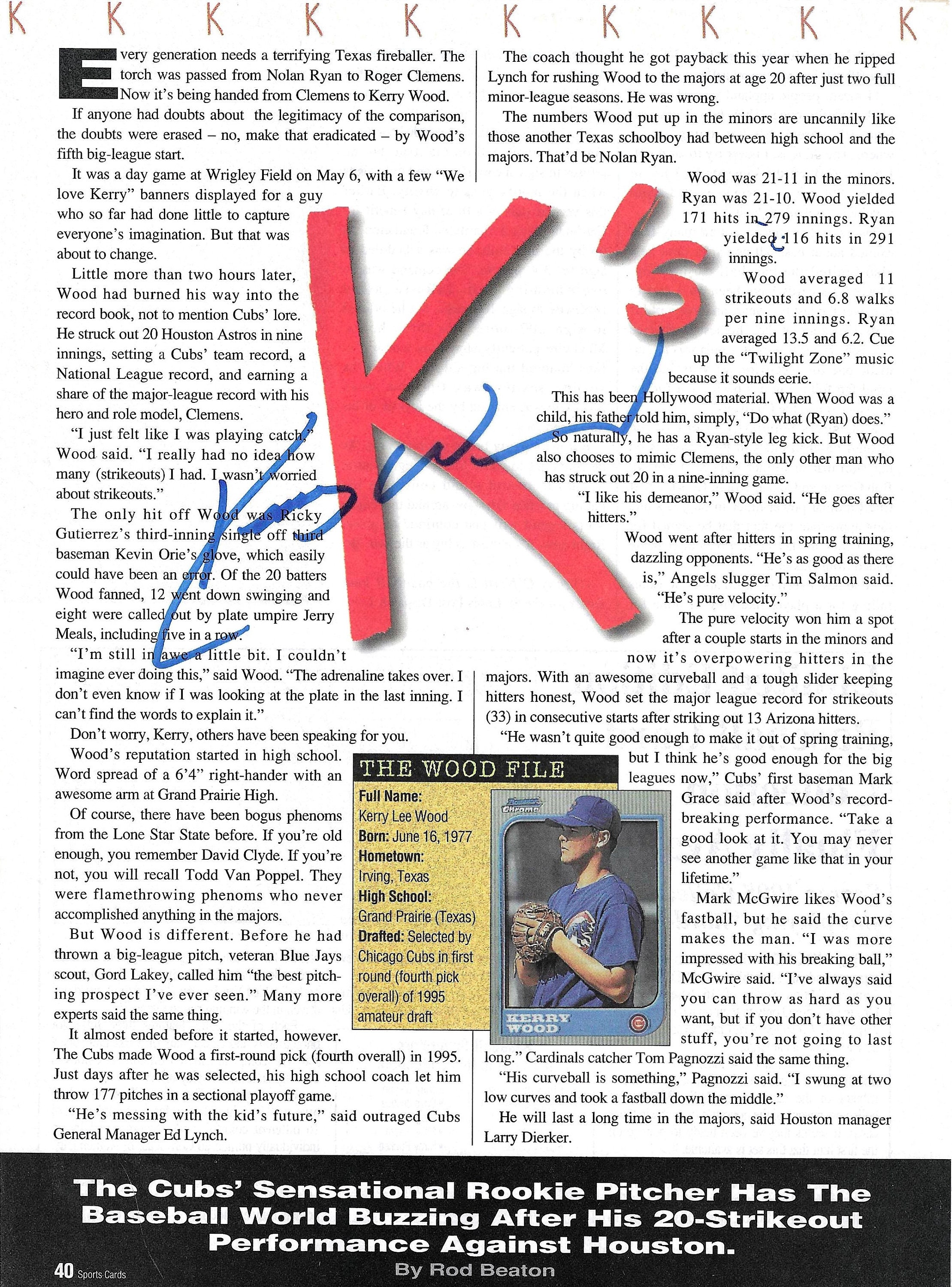 Kerry Wood Signed 8x10 Magazine Article -  Sweden