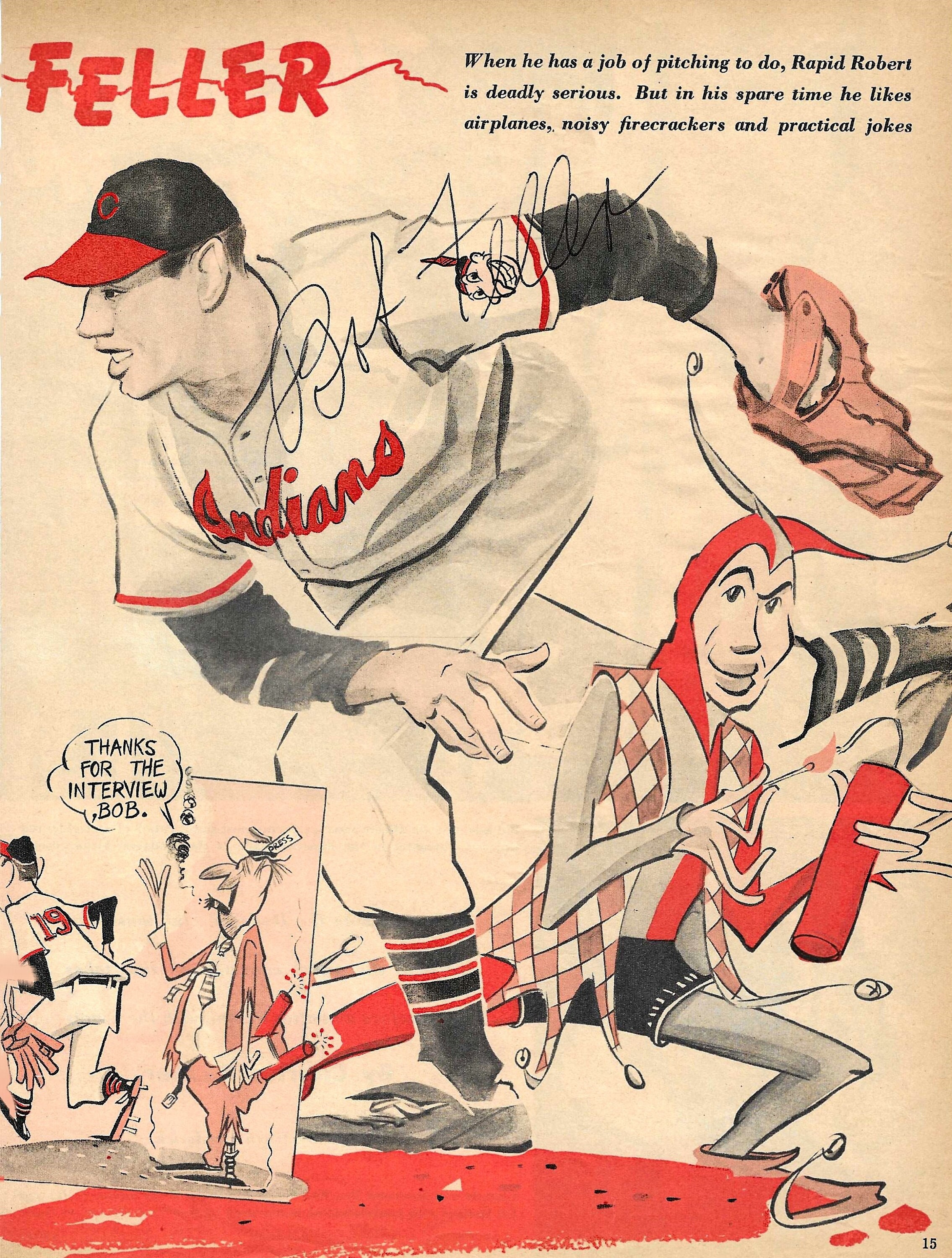 Bob Feller, Hall of Fame, Signed 7.75x10.25 Original Sport Magazine Page  1952