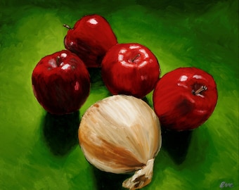 Eve Plumb “Apples & Onion” Original Oil on Canvas 16″ x 20″ Framed, Jan Brady