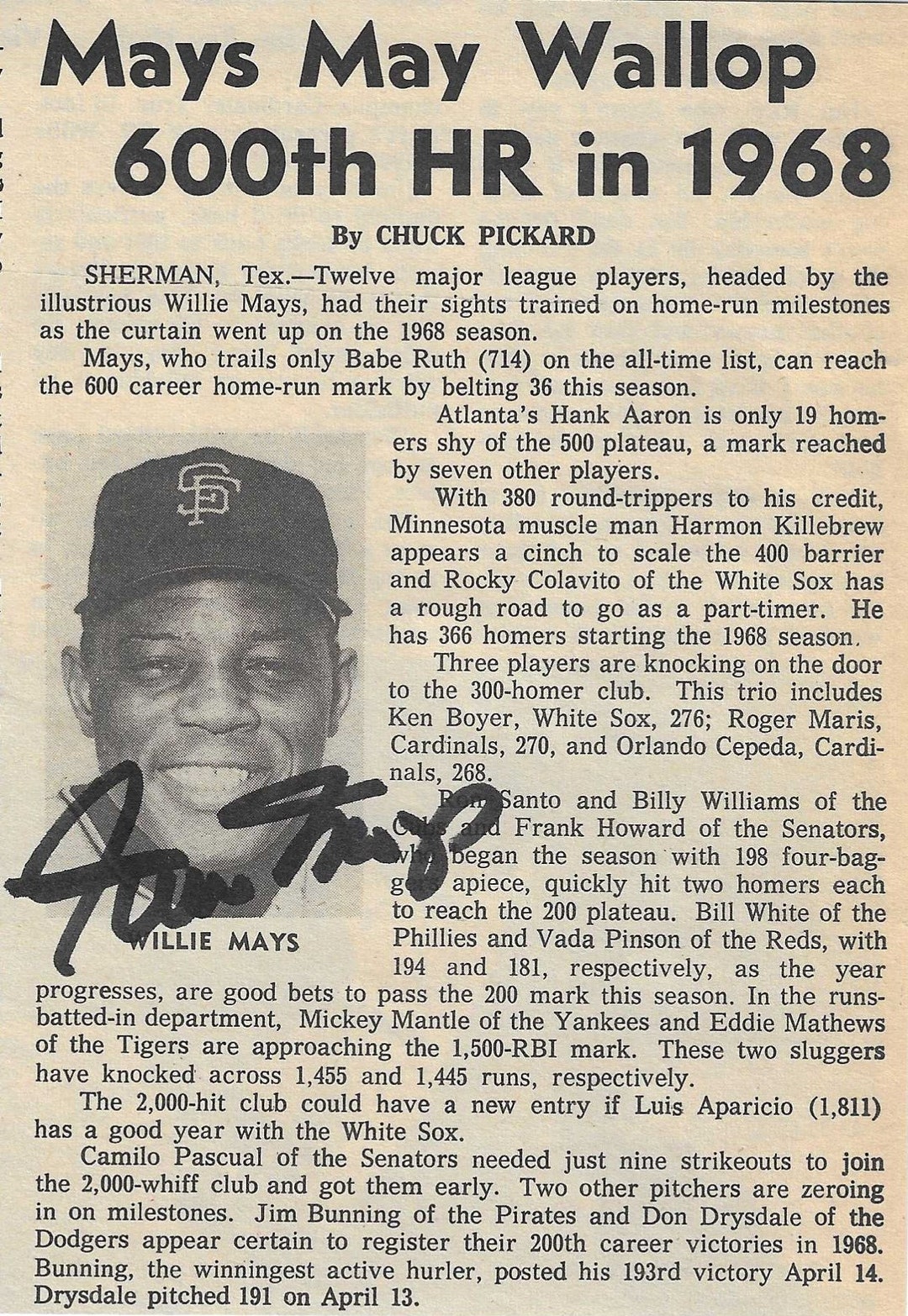 Willie Mays, Signed 4.25x6 Original Sporting News Clip 1968 - Etsy
