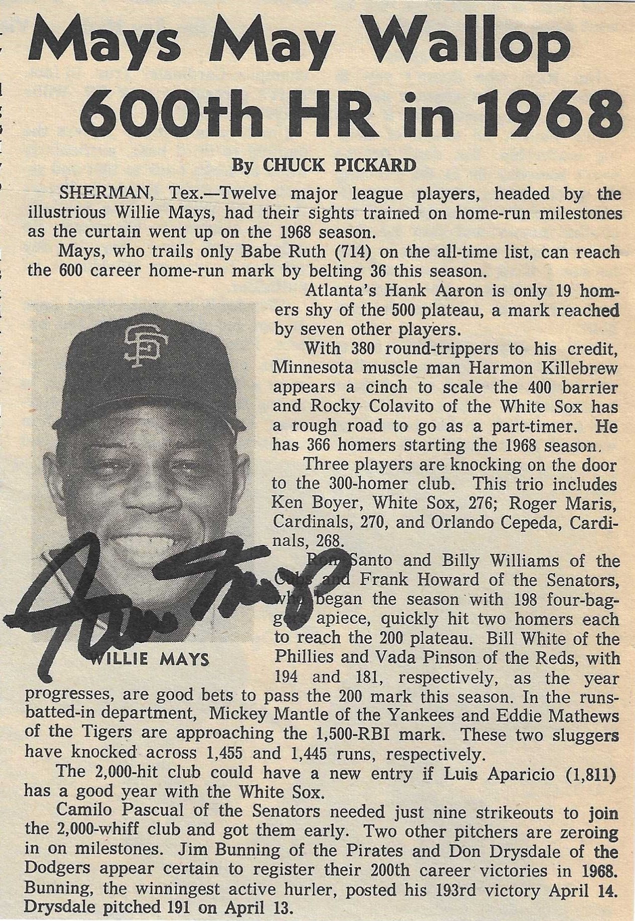 Willie Mays, Signed 4.25x6 Original Sporting News Clip 1968 - Etsy