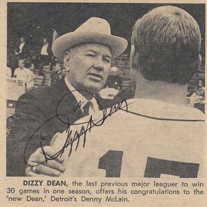 Dizzy Dean, Hall of Fame, Signed 4.25x4.25 Original Sporting News Clip 1968