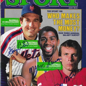 Joe Montana, Magic Johnson et Gary Carter, signés au complet en mars 1985 Sport Magazine