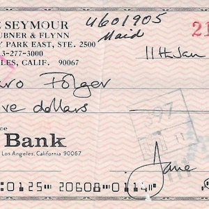 Jane Seymour, Signed Check 1980