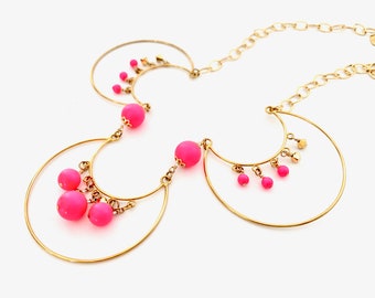 Women's Neon Necklace, Hot Pink Necklace, Neon Statement Jewelry, Bright Pink & Gold Jewelry, Neon Pink Jewelry, 80s Inspired jewelry