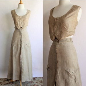 Vintage Antique Edwardian Linen Skirt and Vest Set / 1900s Tan Waistcoat and Skirt