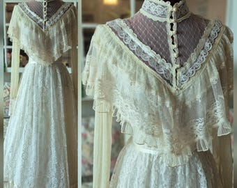 Gunne Sax vintage wedding dress, Gunnesax 13, Prairie dress, Victorian dress, bridal dress, lace wedding dress, prom dress
