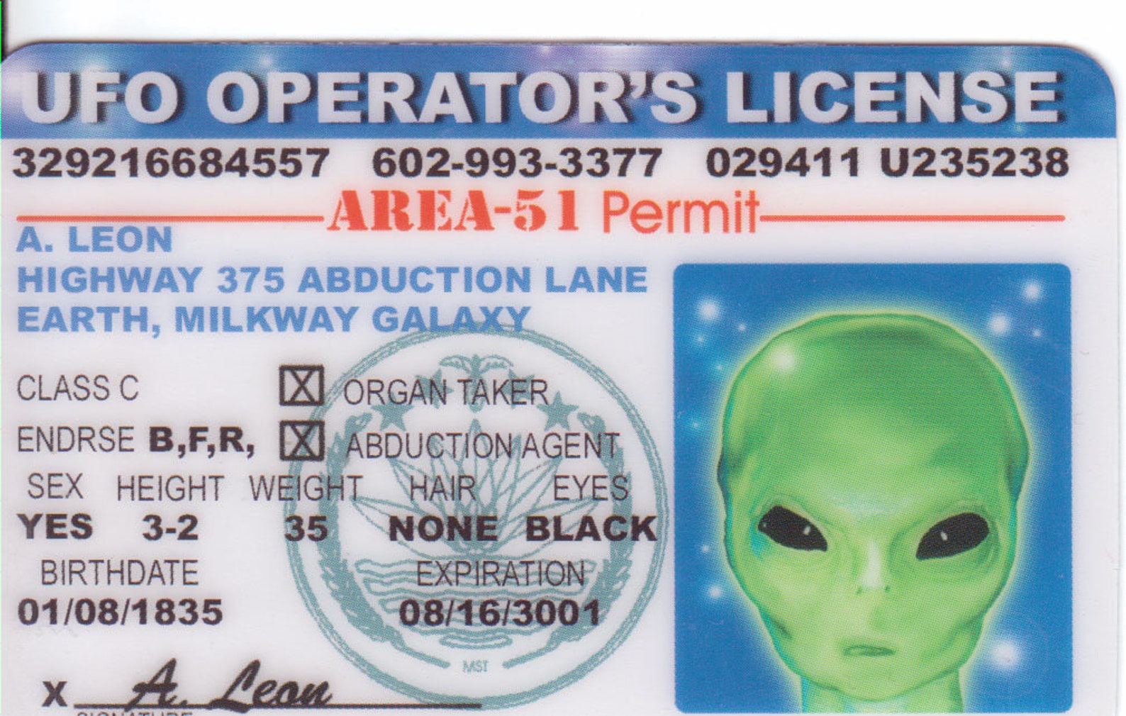 UFO Operator License . fun fake ID Card Drivers License Etsy
