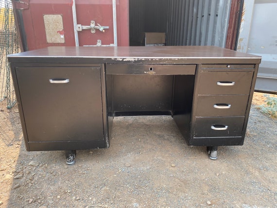 Art Metal Vintage Metal Tanker Desk With Type Writer Shelf Etsy