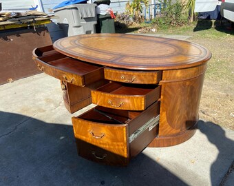 Vintage Maitland Smith Oval Partners Desk Victorian Burl Wood