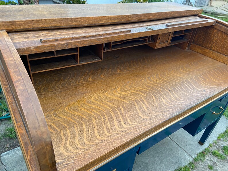 Antique Tiger Oak Roll Top Metal Tanker Desk Etsy