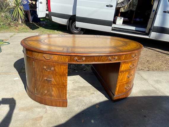 Vintage Maitland Smith Oval Partners Desk Victorian Burl Wood