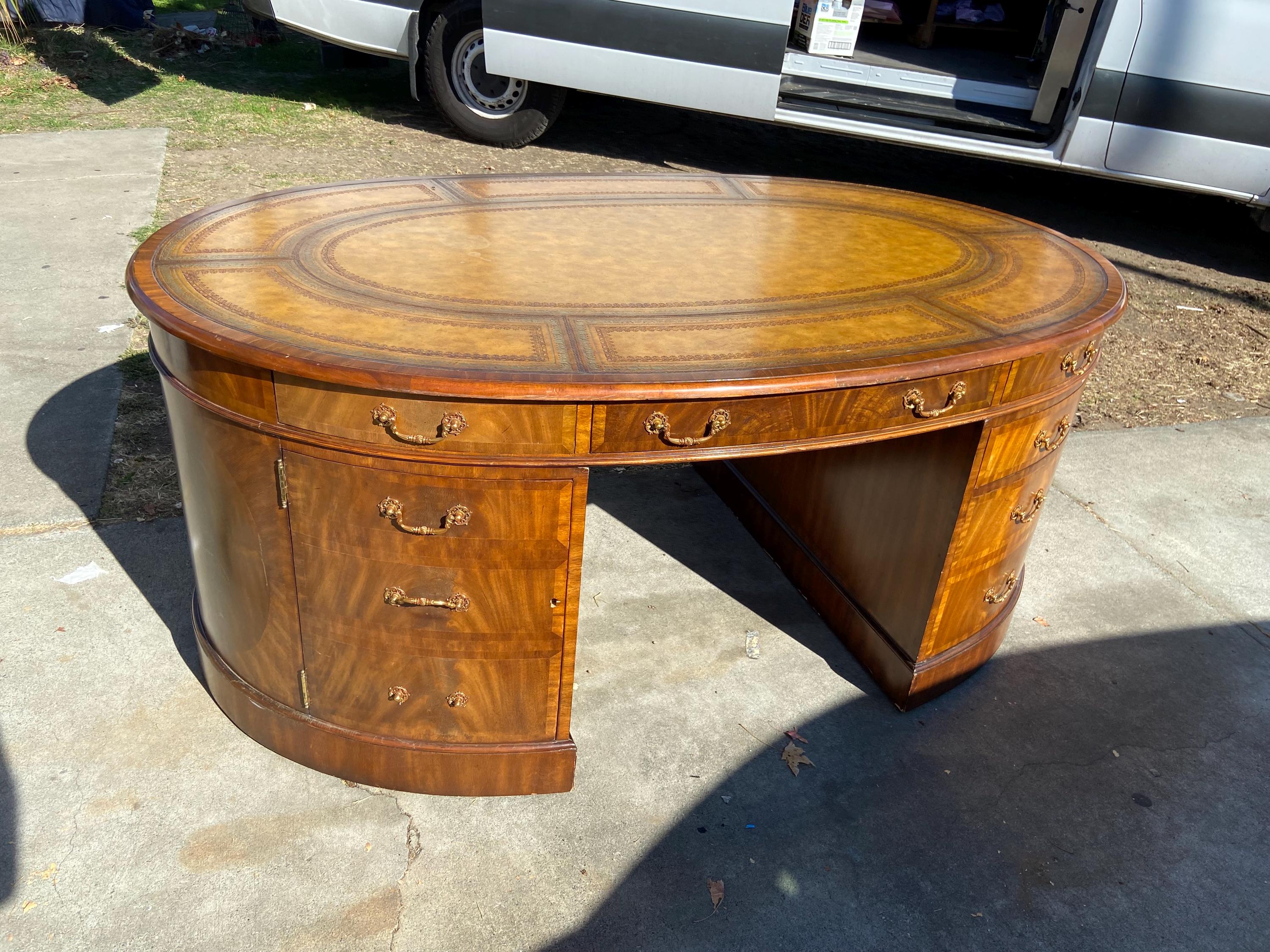 Vintage Maitland Smith Oval Partners Desk Victorian Burl Wood