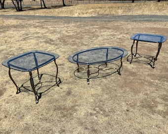 Vintage Hollywood Regency Style Oval  Glass-Top Coffee Table And Side Table Set No international shipping