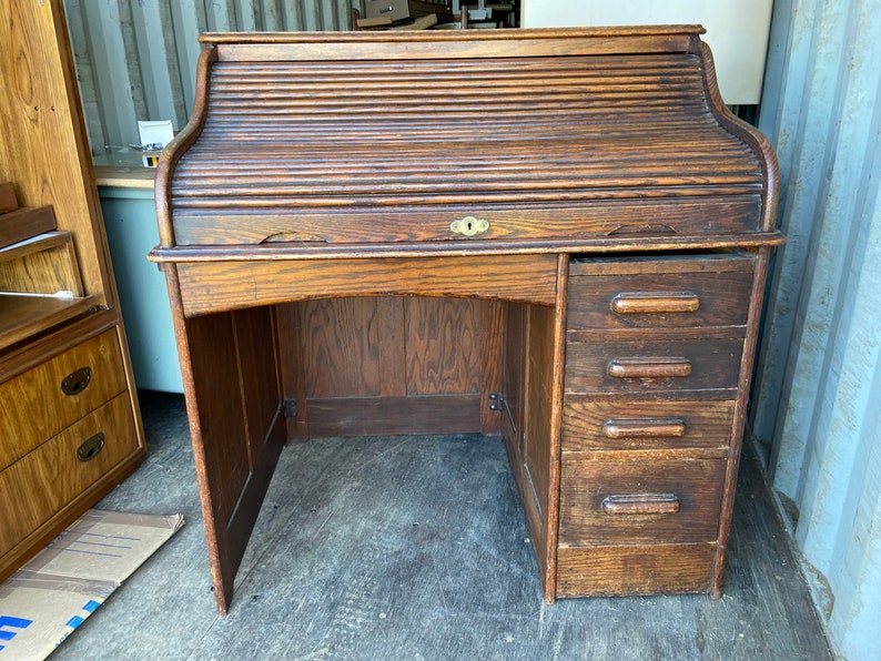 Vintage Oak Roll Top Desk and Chair Set Etsy