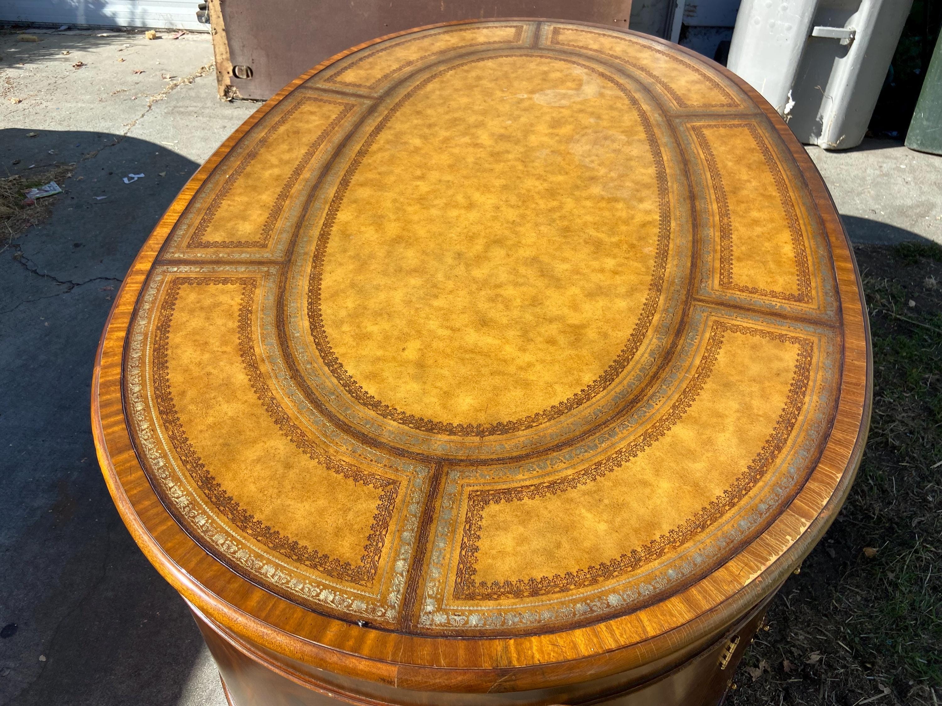 Vintage Maitland Smith Oval Partners Desk Victorian Burl Wood