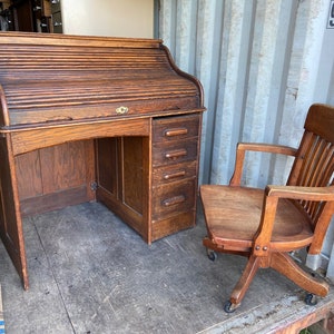 Vintage Oak Roll Top Desk And Chair Set - Etsy Uk