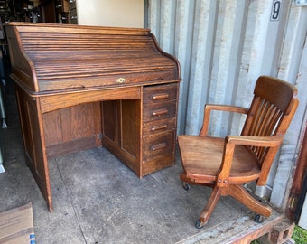 Vintage oak roll top desk and chair set