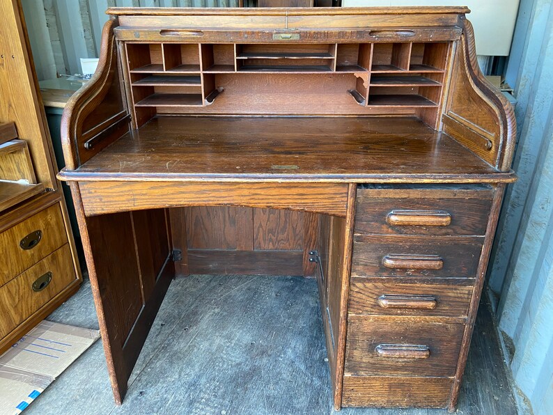 Vintage Oak Roll Top Desk and Chair Set Etsy