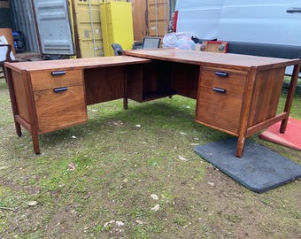 vintage mid century modern walnut corner desk surface top needs refinishing