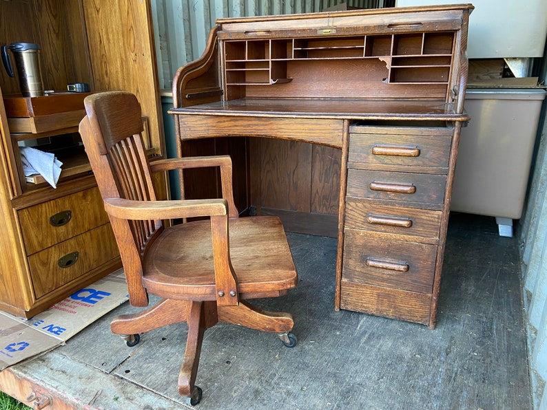 Vintage Oak Roll Top Desk and Chair Set Etsy