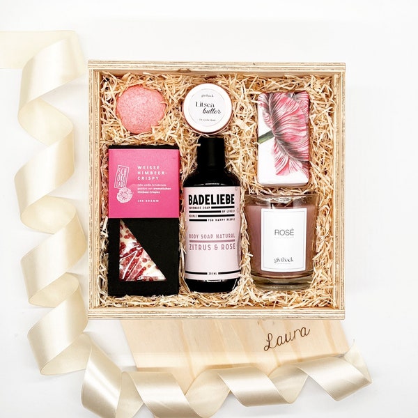 Personalisierte Geschenkbox mit Namen | Muttertagsgeschenk personalisiert | Relax Geschenkset personalisiert mit Name | Rose & Spa Box (M)