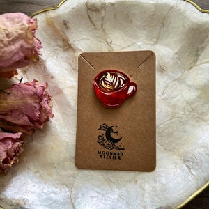 Coffee latte in a red mug shrink plastic pin - handmade jewelry