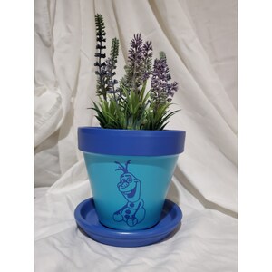 Olaf Flower Pot, Hand Painted Terracotta Planter, 6 inch Pot with Saucer, Frozen Movies Inspired  (P-DOBN-6S).