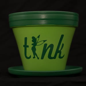 Tinkerbell Flower Pot, Hand Painted Terracotta Planter, 4 inch Pot with Saucer, Peter Pan Inspired, Tink,  (P-DTBC-4S)